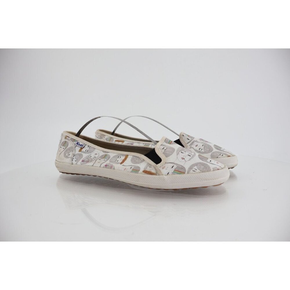 Keds Studio Sneakers Women's 8.5 White Gray Canvas Girl Face Slip On Shoes